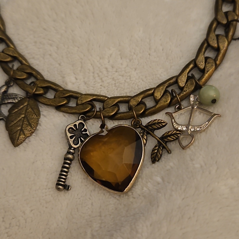 Vintage Bronze Heart Key Bird Leaves Charm Boho Chain Necklace - Picture 4 of 8